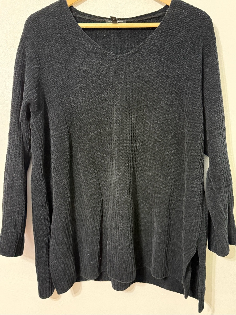 Eileen Fisher Charcoal Ribbed V-Neck Sweater Tunic organic cotton size medium